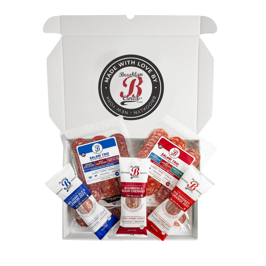Salami Gift Box, Gift Set, Charcuterie Board, Beef Salami, Cocktail Bar, Bourbon, Belgian Ale, Manhattan, Old Fashioned, Pork Free, Authentic Italian Meats, from Brooklyn, Charcuterie, High Protein Snack, Salami, Cheese Pairing, Fennel Salami, Soppressata, Sweet Soppressata, Hot Soppressata