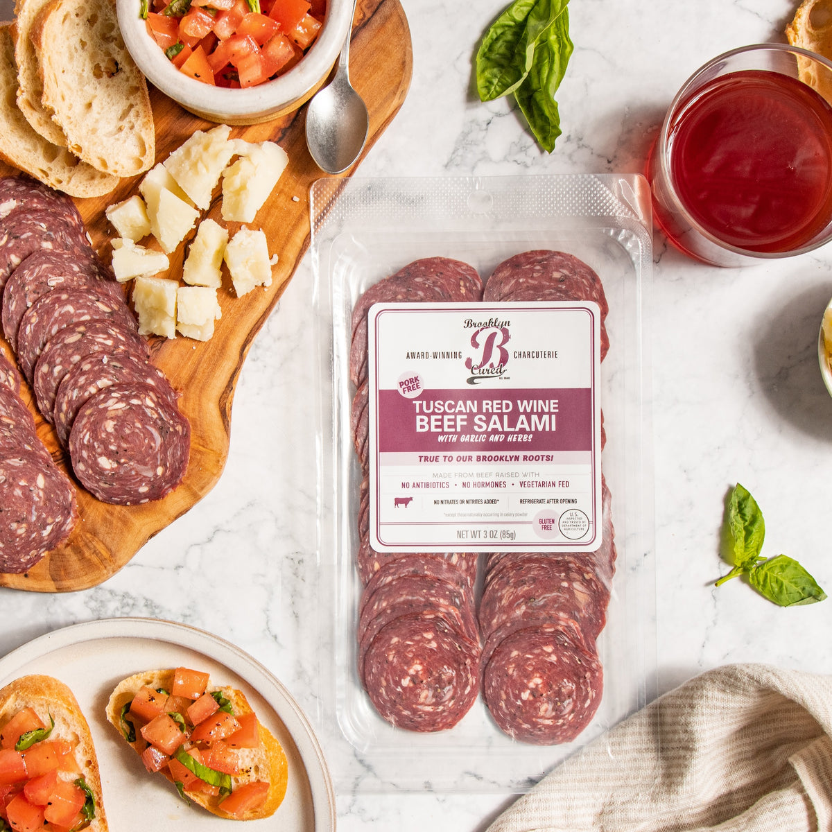 Beef Salami, Red Wine, Pork Free Charcuterie, Beef Proscuitto, High Protein Snack, New York City Italian, Salami, Cheese Pairing, Presliced Salami, Garlic, Herbs, Bruschetta